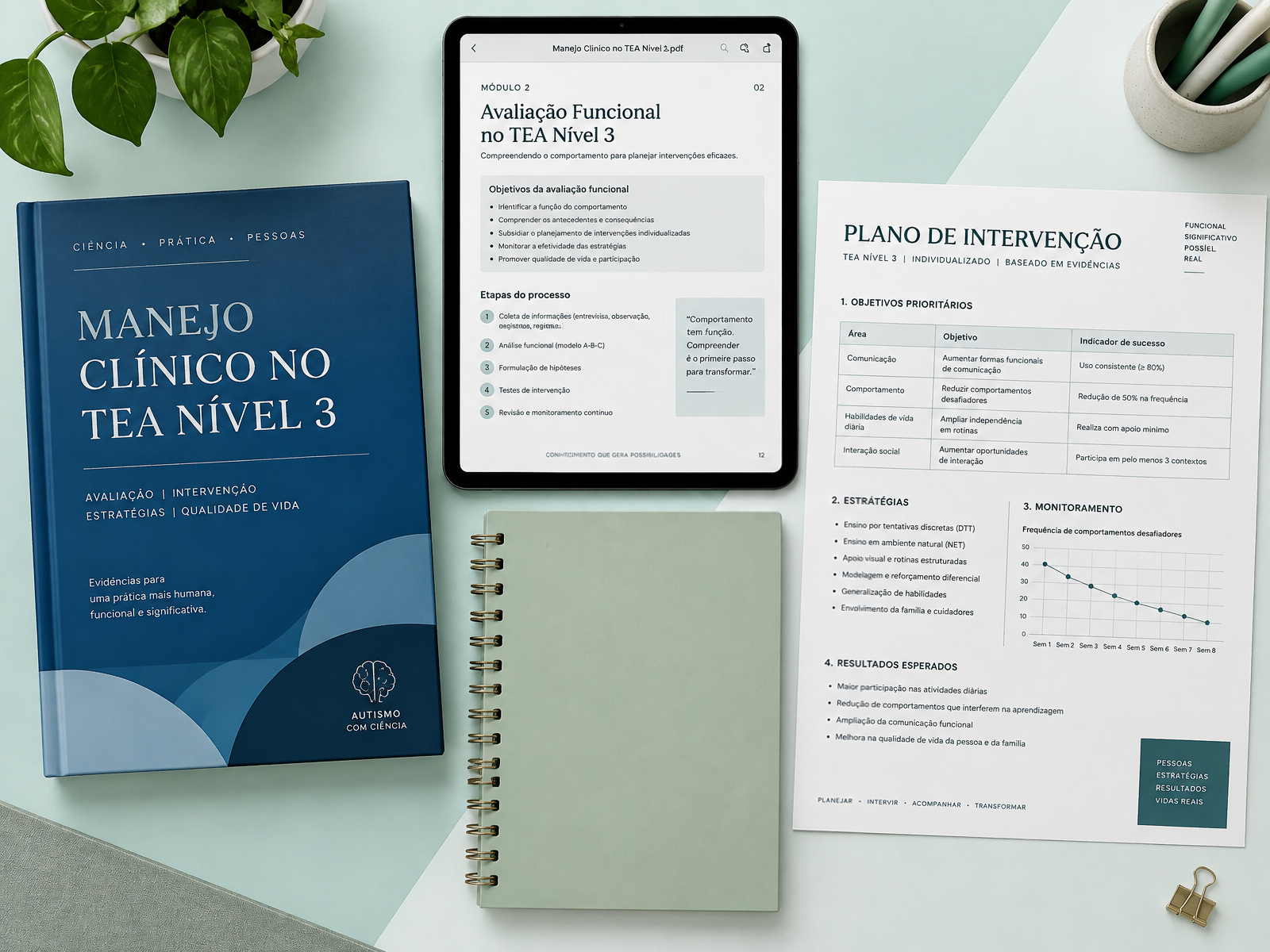 Mockup de materiais exclusivos da aula: apostilas, PDFs e recursos clínicos